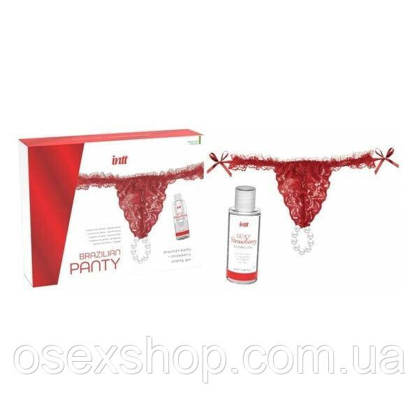 Набір Intt BRAZILIAN PANTY RED: трусики на гумці S-XL з перлинним кільцем + полуничний лубрикант, фото 1