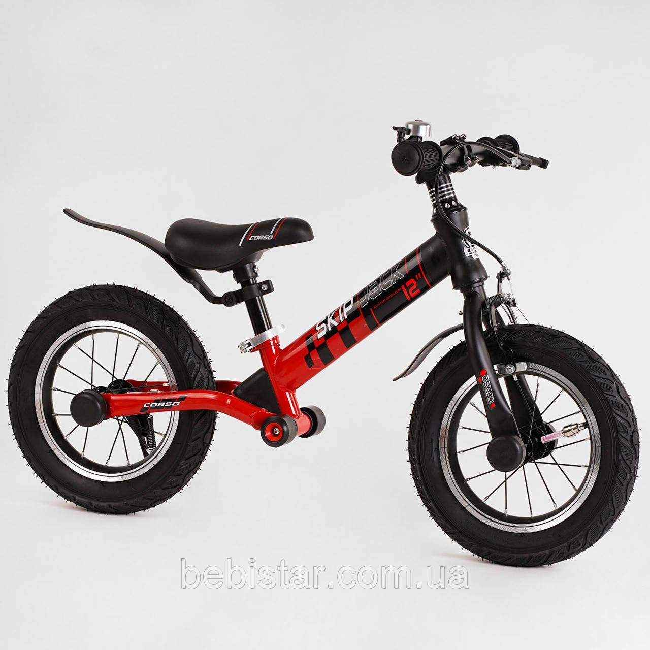 Беговел чорно-червоний Corso "Skip Jack" алюмінієва рама амортизатор надувні колеса для діток 2-6 років