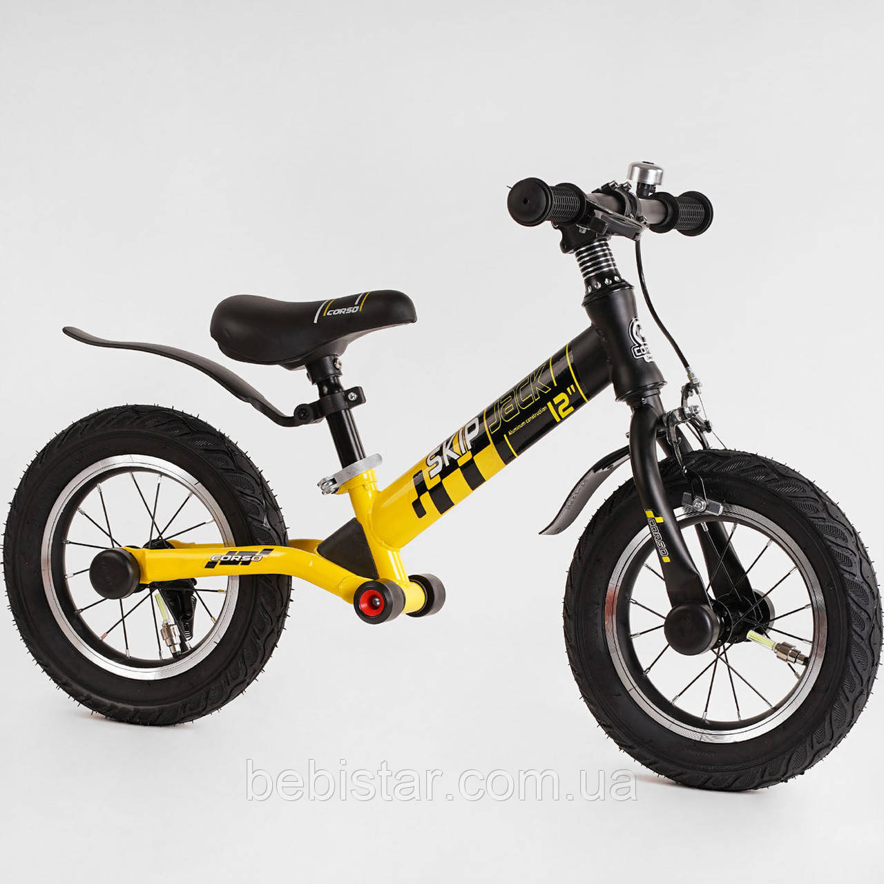 Беговел чорно-жовтий Corso "Skip Jack" алюмінієва рама амортизатор надувні колеса для діток 2-6 років