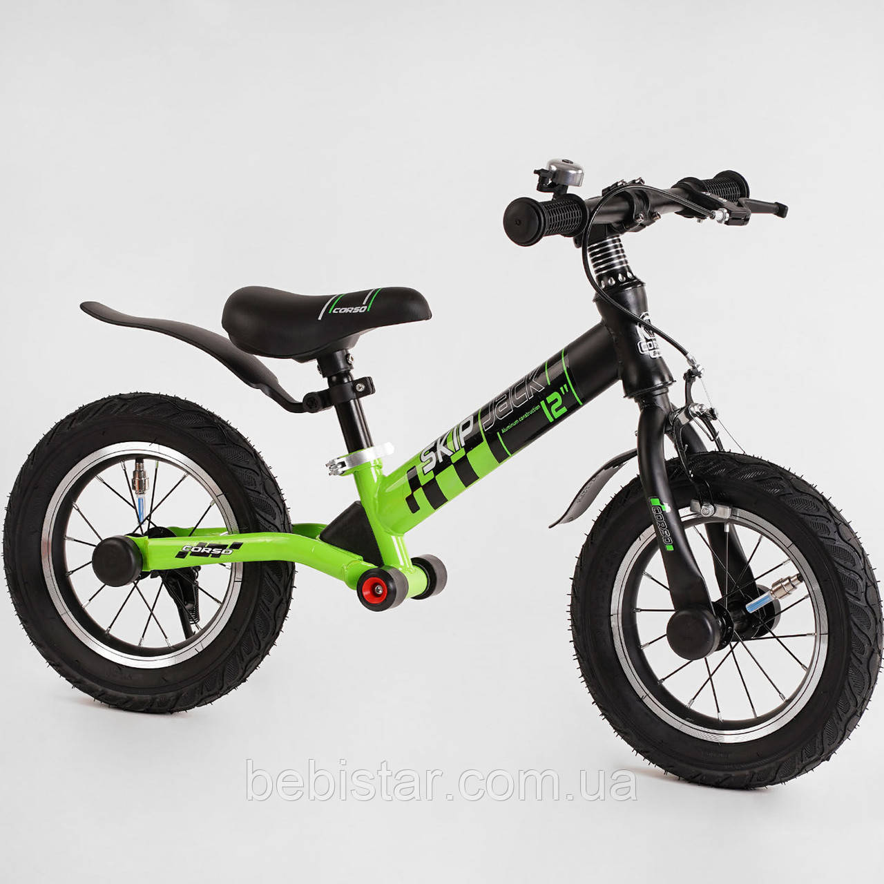 Беговел чорно-зеленый Corso "Skip Jack" алюмінієва рама амортизатор надувні колеса для діток 2-6 років