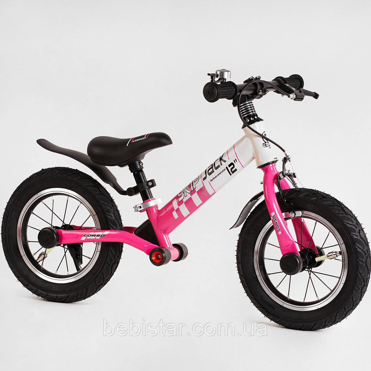 Беговел рожево-білий Corso "Skip Jack" алюмінієва рама амортизатор надувні колеса для діток 2-6 років