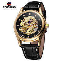 Стильные наручные часы Forsining Dragon Gold Leather