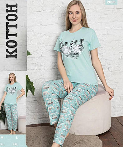 Піжама жіноча - комплект футболка з коротким рукавом і брюки якість коттон 100% Туреччина, фото 2