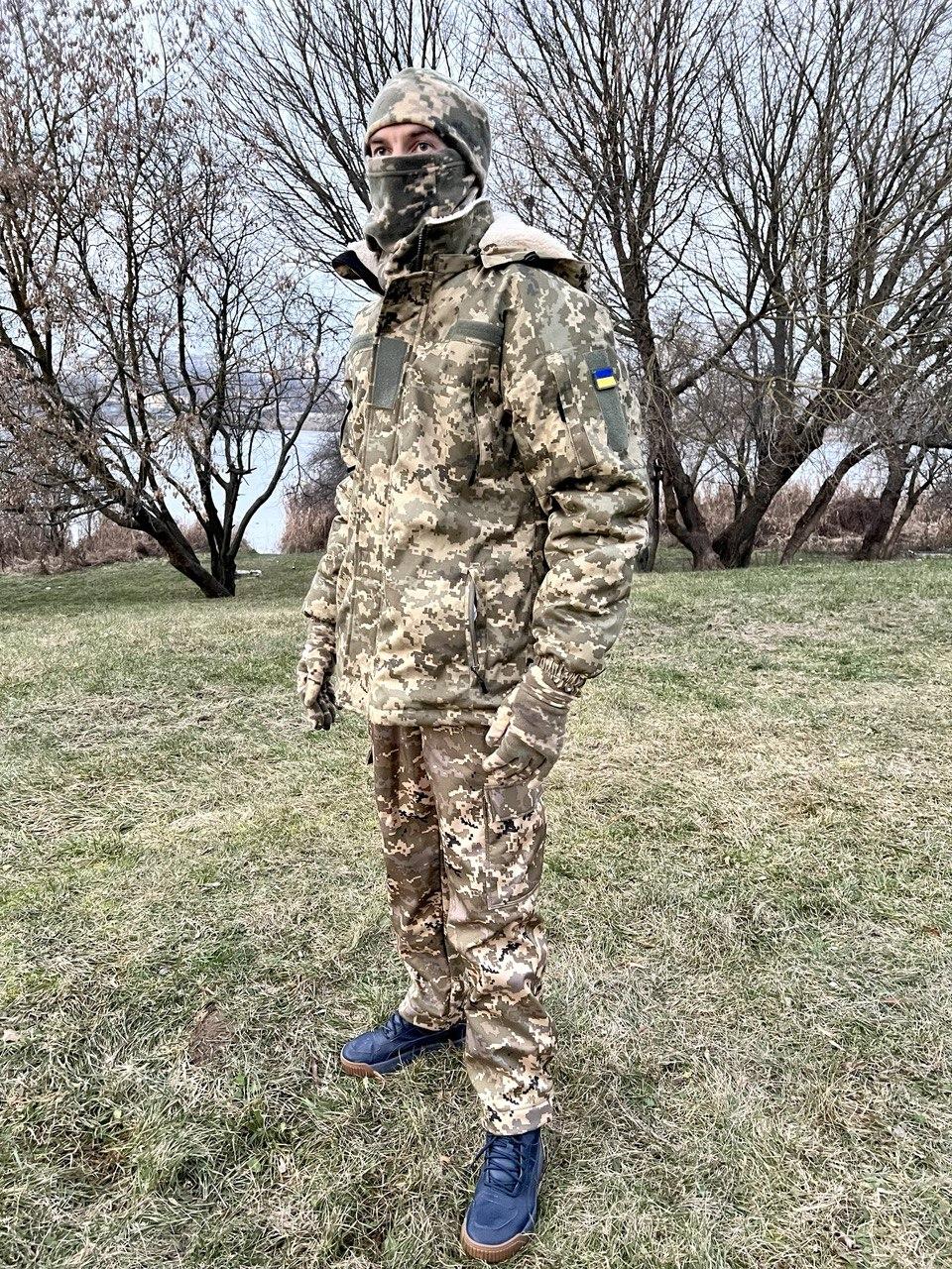 Костюм зимовий бушлат на хутрі та штани SoftShell софтшелл. Піксель ЗСУ. Розміри M-ХL
