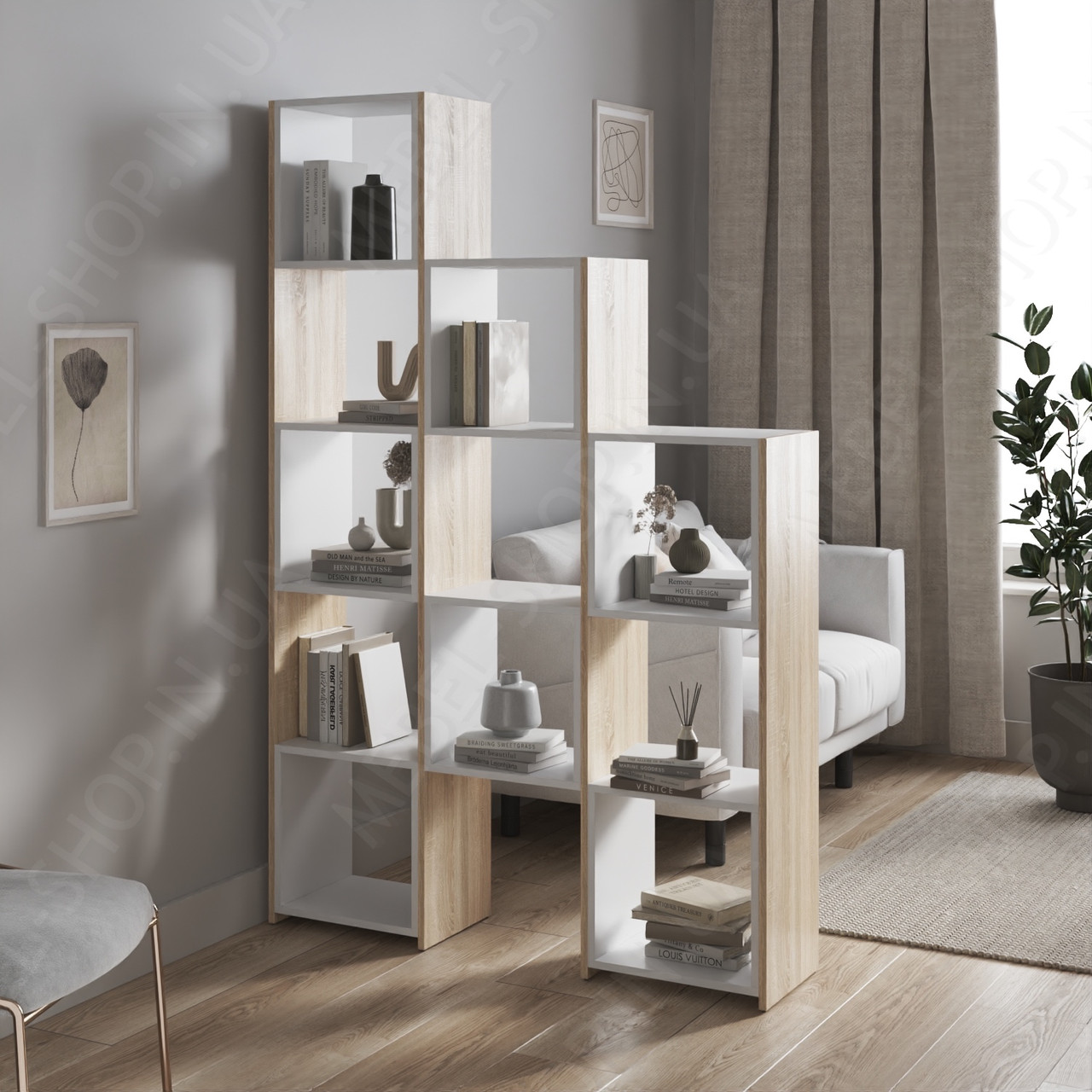 Вертикальний книжковий стелаж сходів у вітальню Дизайнерська полиця на 11 осередків для книг та квітів з ДСП, фото 1