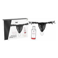 Набір Intt BRAZILIAN PANTY BLACK: трусики на гумці S-XL з перлинним кільцем + полуничне мастило, фото 1