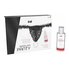 Набір Intt BRAZILIAN PANTY BLACK: трусики на гумці S-XL з перлинним кільцем + полуничне мастило, фото 4