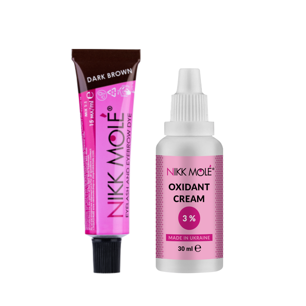 Темно-коричнева фарба 15 мл+ окислювач 3% для брів та вій Nikk Mole