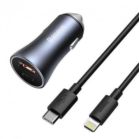 АЗП Baseus Golden Contactor Pro Dual Quick Charger Car Charger U + C 40W ( Type-C-Lightning ) Dark G, фото 1