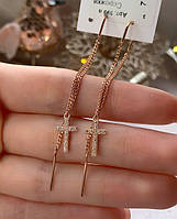 Серебряные серьги-протяжки в позолоте с крестиками в белых фианитах