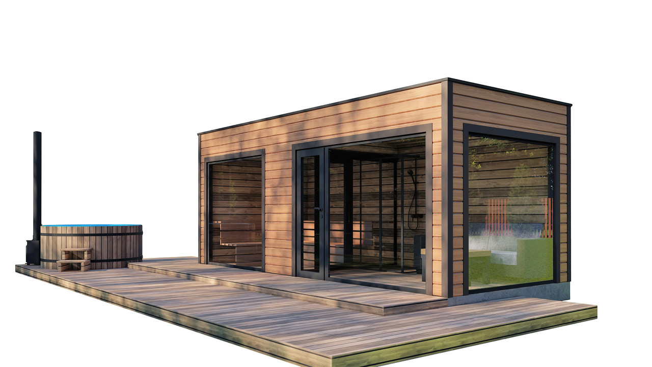 Modulsauna 5,5x2,3m verkleidet mit Schienen und Panoramafenster Gartensauna-22 von Thermowood Production schlüsselfertig