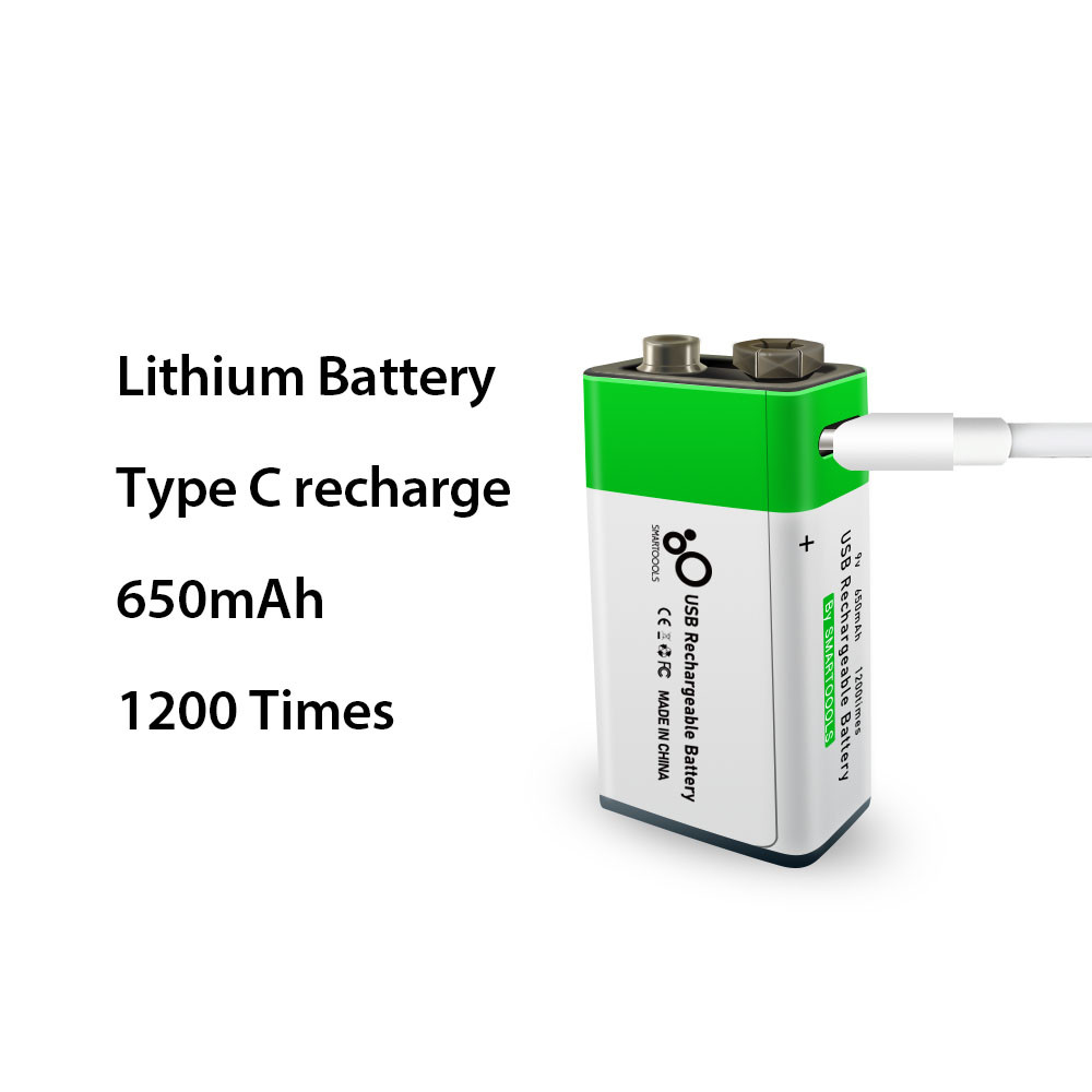 Акумулятор типу Крона 6F22 (CR-9V) 9 вольтів — з роз'ємом TYPE-C Smartools 650 mAh + кабель TYPE-C, фото 1