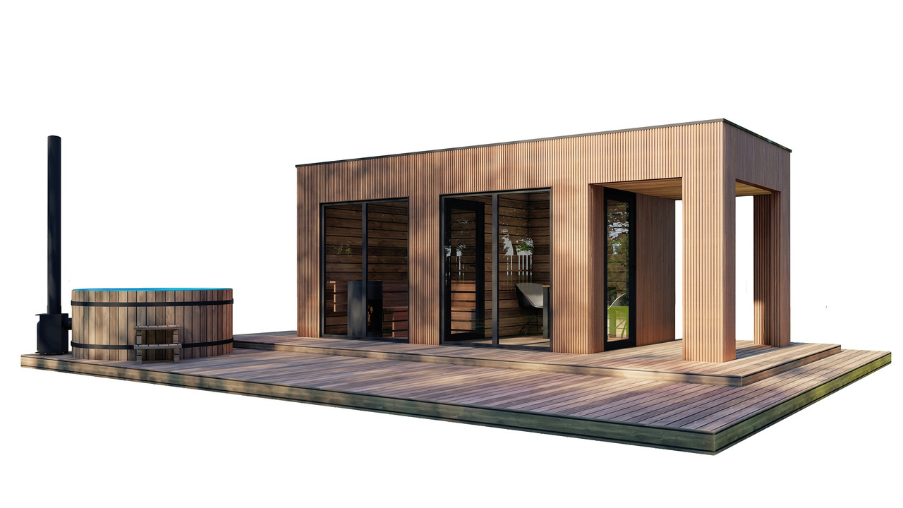 Модульна бая 7,0х2,3м з панорамним вікном Gartensauna-23 від Thermowood Production під ключ від виробника