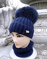 Зимний комплект женская шапка с меховым помпоном и хомут бафф для девочек от 6 лет Шик