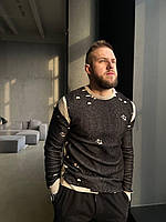 Мужской лонгслив трикотажный (черно-бежевый) А7000 красивый модный стильный винтажный свитер двухцветный top