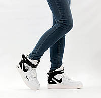 Женские зимние кроссовки Nike Air Force (белые с чёрным) высокие спортивные кеды с мехом К14024 cross