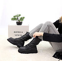 Женские зимние ботинки Bottega Veneta (чёрные) высокие сапоги на платформе со шнуровкой К13059 top