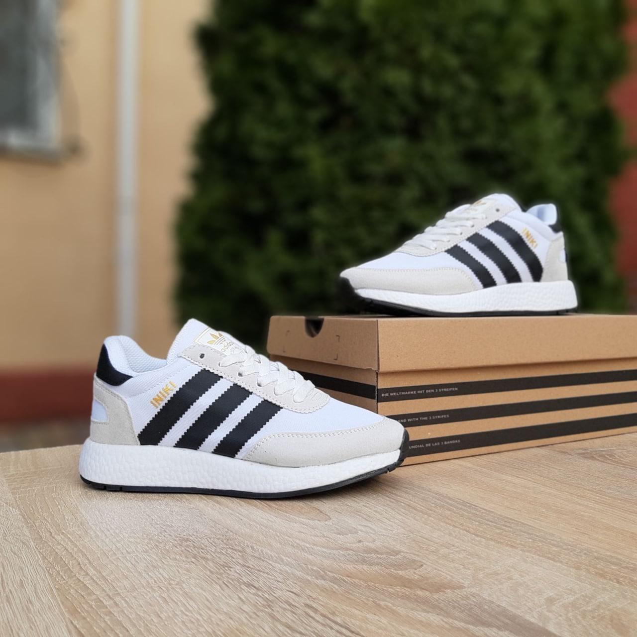 Жіночі кросівки Adidas Iniki (білі із сірим і чорним) спортивні легкі комбіновані кроси О20668 top