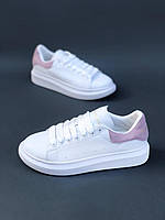 Женские кроссовки Alexander McQueen Oversized Sneakers White Pink (белые с розовым) модные кеды 3537 cross