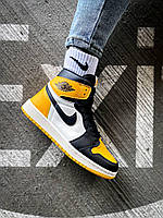 Женские кроссовки Nike Air Jordan 1 "Yellow/Black" (белые с чёрным и жёлтым) высокие яркие кроссы К2282 cross