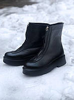 Женские зимние ботинки The Row Zipped Boot Black in Leather Fur (чёрные) сапоги на меху с молнией спереди 7020