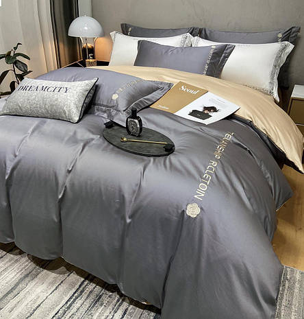 Постільна білизна сатин двокольорова Crown простирадло на гумці - колір сірий із бежевим відворотом, фото 1