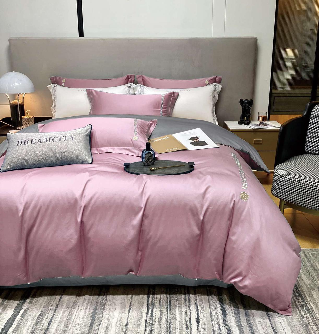 Постільна білизна сатин двокольорова Crown простирадло на гумці - колір розовий із сірим відворотом