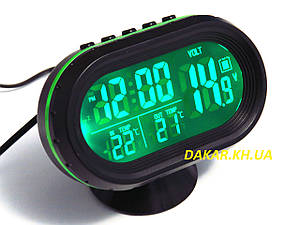 Автомобільні годинник термометр, вольтметр VST 7009 V зелена підсвітка
