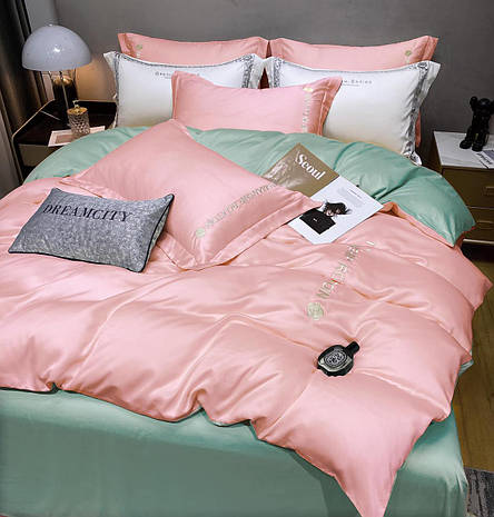 Постільна білизна сатин двокольорова Crown простирадло на гумці - колір світло розовий із мятним відворотом, фото 1