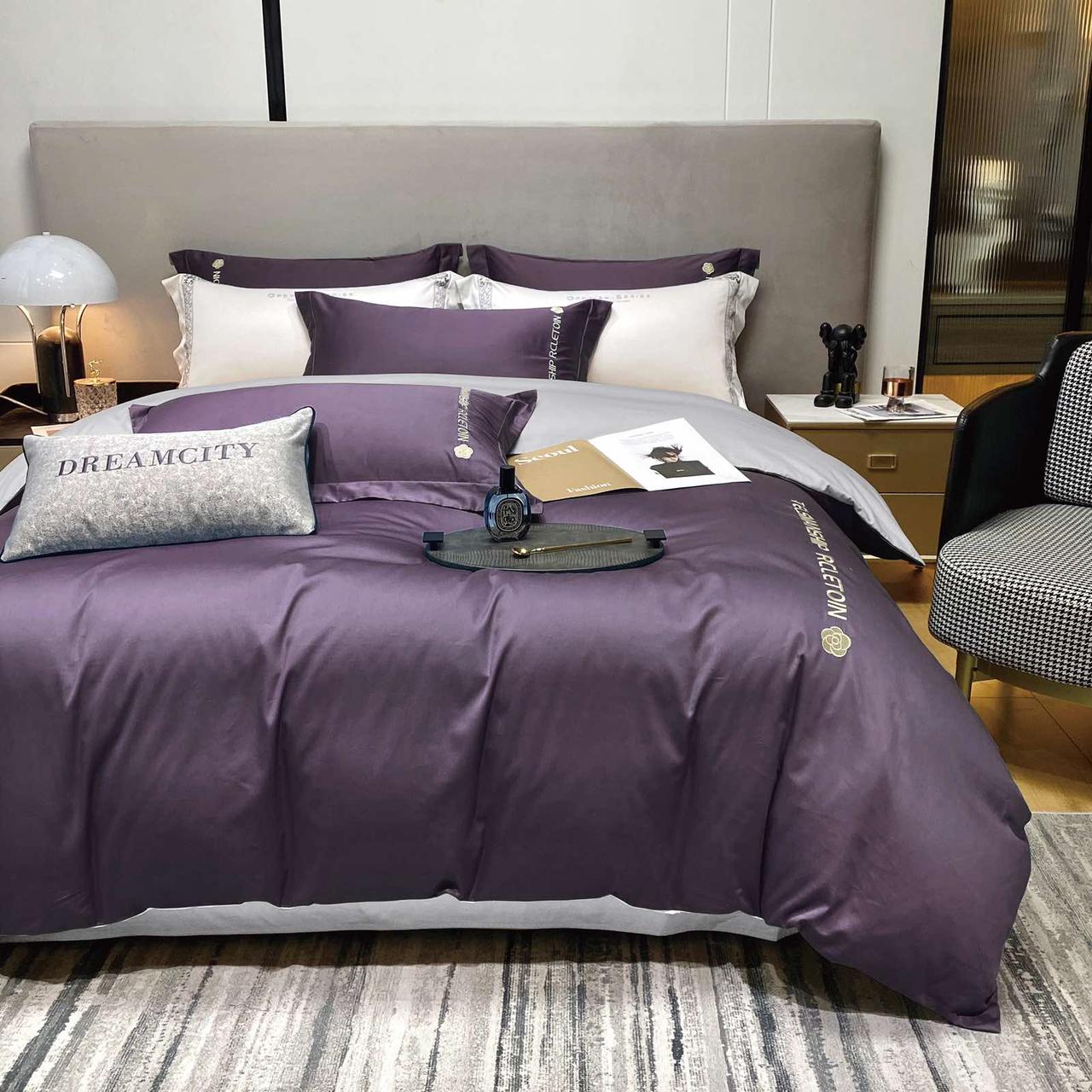 Постільна білизна сатин двокольорова Crown простирадло на гумці - колір бузковий із сірим відворотом