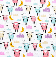 Ткань фланель детская для детского постельного белья пеленок детской одежды милые овечки баранчики месяц белая