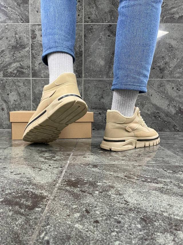 Мужские Зимние Ботинки (бежевые) Стильная Светлая Короткая Обувь с ...