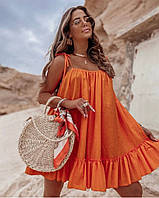Стильный модный женский лёгкий сарафан с воланом на тонких лямочках. Лён 42-48 Цвета 2 Оранж