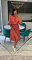 Стильное модное женское лёгкое платье с разрезом по бедру Цветочный принт Софт 42-44, 46-48 Цвета3 Красное