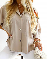 Модная женская элегантная лёгкая рубашка свободного кроя,с накладными карманами Супер софт 48-52Цвета5 Бежевый
