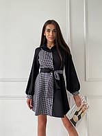 Стильное модное женское комбинированное платье с принтом"гусиная лапка"на пуговках Креп костюмка 42-44;46-48