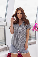 Модная стильная женская лёгкая свободная рубашка в клетку с коротким рукавом,на пуговицах Коттон 50-52,54-56
