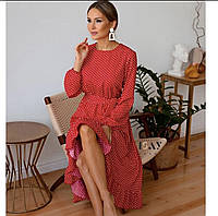 Стильное модное женское шикарное платье в горошек с воланом по низу юбки,рукав длинный Софт 42-44,46-48 Цвета4