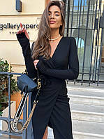 Стильное модное женское платье с запахом и длинными рукавами Трикотаж рубчик 42-44,46-48 Цвета 3 Чёрный