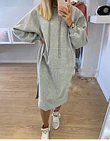 Модное женское тёплое платье с карманом кенгуру в стиле оверсайз.На рукавах манжетТрёхнитка42-46 Цвета4