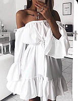 Стильное модное женское платье,оголённые плечики,идёт с пояском и воланами Мини.Софт 42-46 Цвета 3 Белый