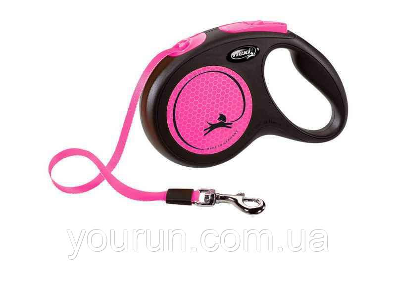 Flexi New Neon M — повідець-рулетка світловідбивна для собак до 25 кг, стрічка, 5 м Рожевий