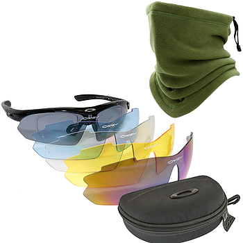 Окуляри з 5 лінзами + Подарунок Бафф фліс, Олива / Балістичні окуляри з поляризованими лінзами