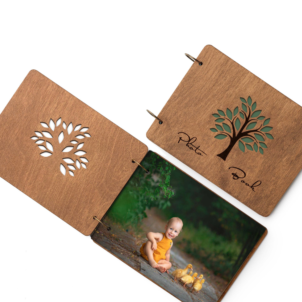 Фотоальбом дерев'яний | Дерев'яний фотобук з вашими фото.  Фотоальбом з дерева "дерево з листям"