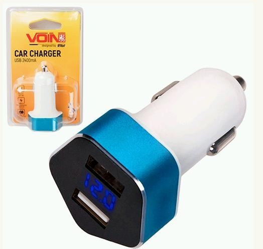 Автомобільний зарядний пристрій VOIN C-2406 2 USB (12/24V — 5V 2,4 A) + вольтметр у гніздо прикурювача
