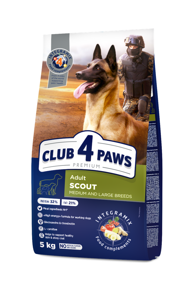 Сухий корм Скаут для робочих собак середніх та великих порід 5 кг CLUB 4 PAWS Клуб 4 Лапи