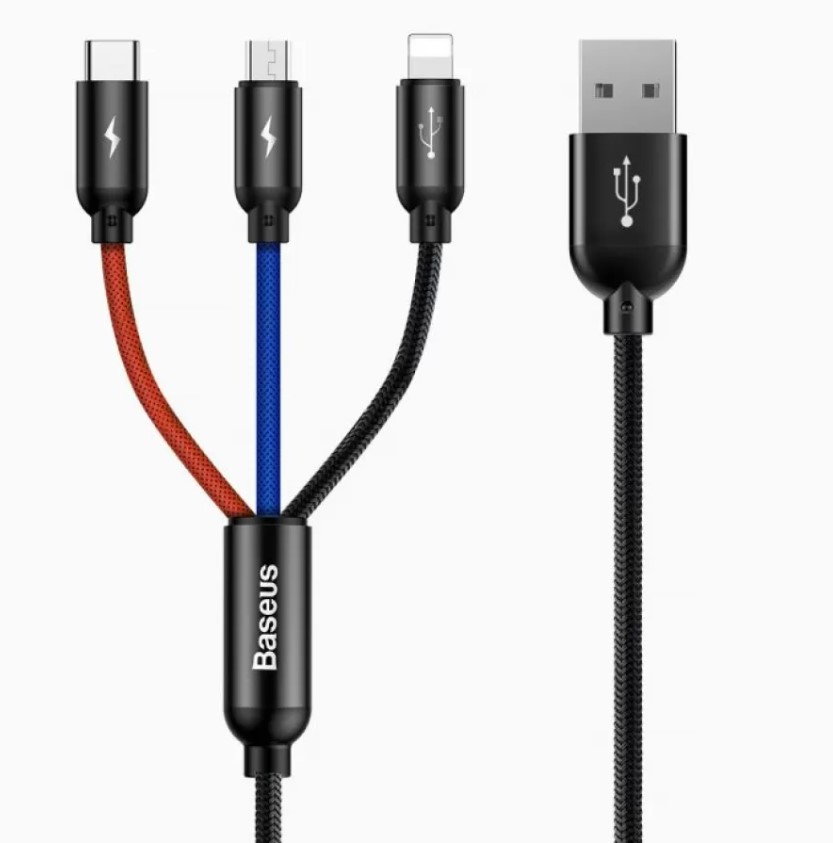 Кабель 3 в 1 Baseus Three Primary Colors CAMLT-BSY01 Micro USB, Lightning, Type-C, 3.5A, 1.2 м, чорний