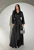 Черное платье в пол шелковое на запах женское вечернее с длинным рукавом