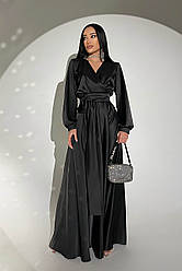 Чорна сукня довга шовкова на запах жіноча вечірня з довгим рукавом