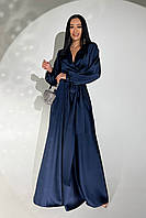 Вечернее платье в пол шелковое синее на запах женское с длинным рукавом